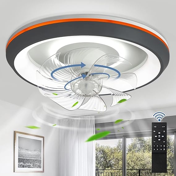Modern Ceiling Fans with Lights, 360-Degree Rotation Low Profile Ceiling Fans with Lights and Remote, Dimmable LED Reversible Timing