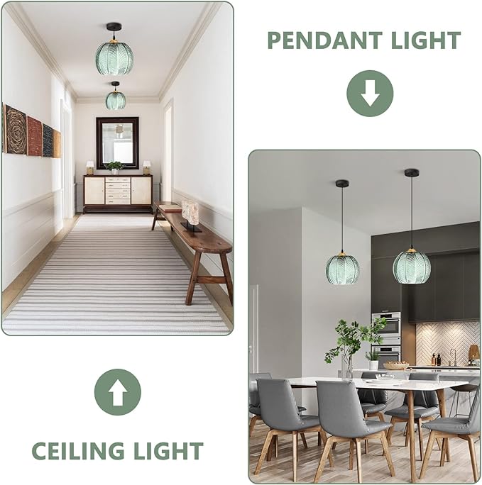 Modern Green Striped Glass Pendant Light Nordic Ribbed Glass Pendant Light Green Pumpkin Pendant Light 1-Light Classic Glass Globe Round Pendant Lighting
