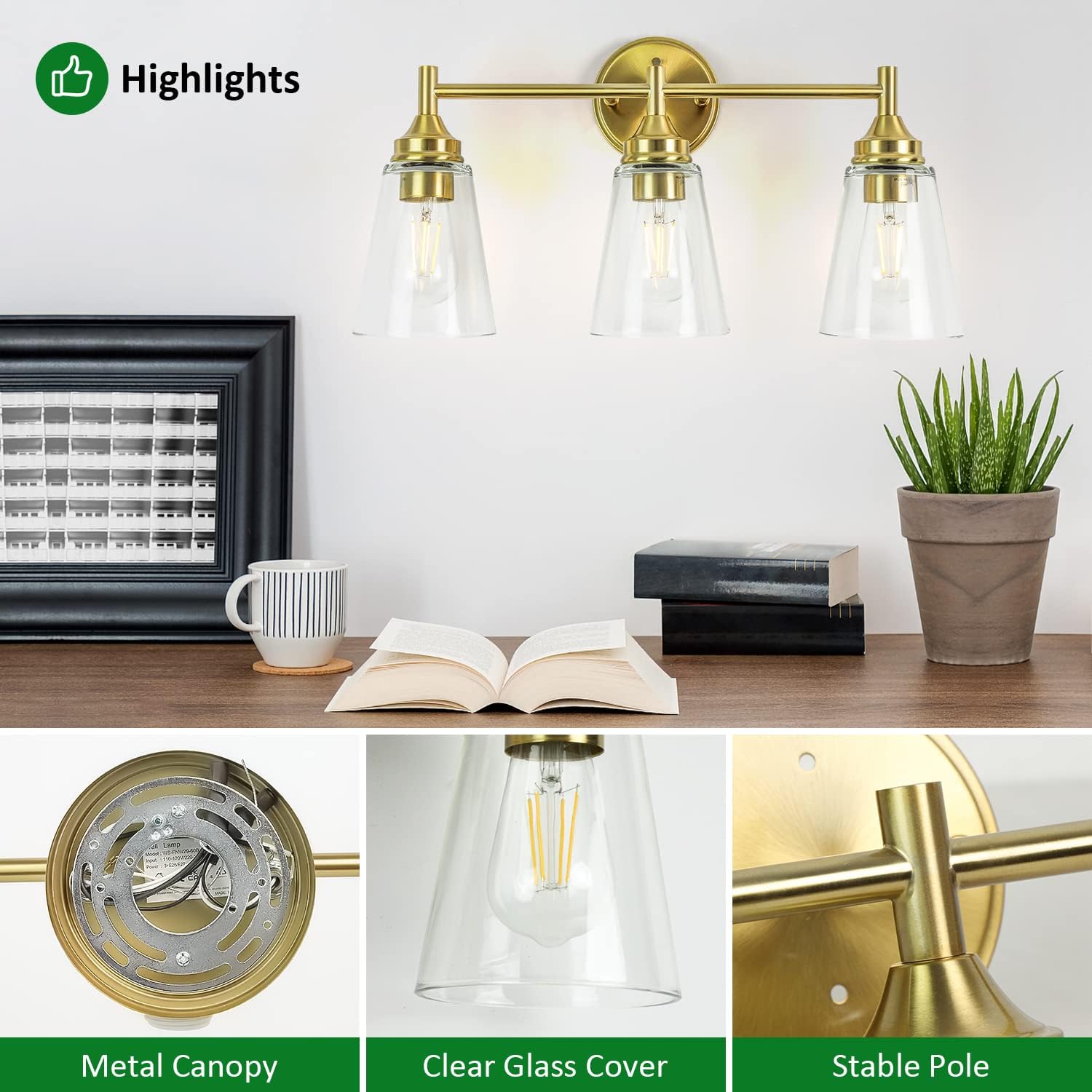 3-Light Modern Wall Light Fixture, Bathroom Vanity Light Over Mirror with 3 Clear Glass Shade