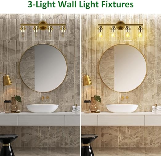 Bathroom Light Fixtures, Gold 4-Light Vanity Light with Clear Glass Shade, Bath Wall Sconces Lighting for Power Room, Mirror