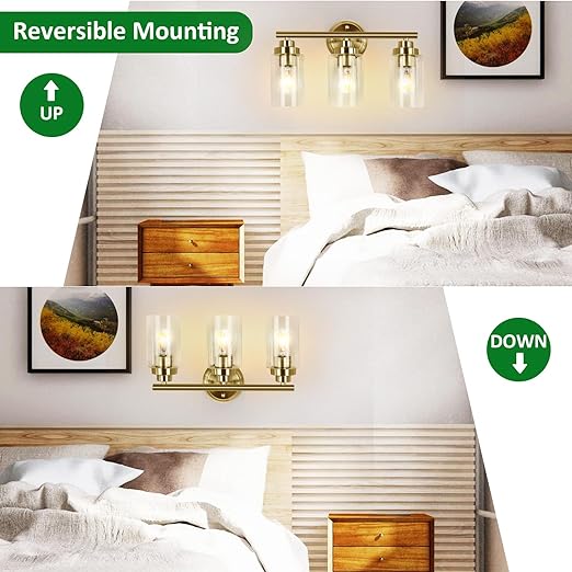 Bathroom Vanity Light Fixture, 3-Light Wall Light with Clear Glass Shade