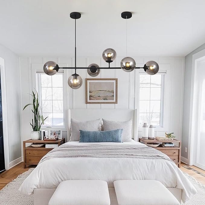 6-Light Mid Century Modern Rectangle Sputnik Chandelier Black Farmhouse Linear Chandelier Glass Globe Pendant Light Vintage Kitchen Island Lighting (Black+Smoke Gray)