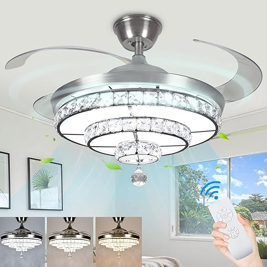 42'' Crystal Ceiling Fan with Light, 36W Modern Ceiling Fan Remote, 3-Blade Retractable Led Fan Chandelier