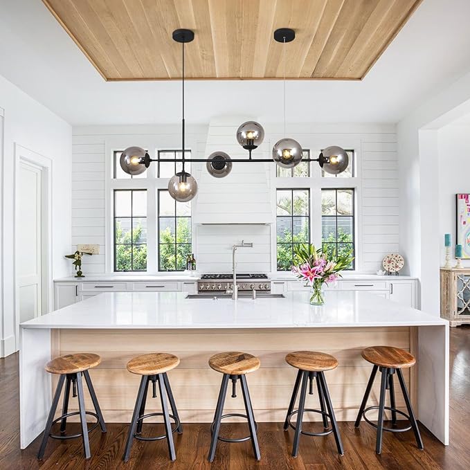 6-Light Mid Century Modern Rectangle Sputnik Chandelier Black Farmhouse Linear Chandelier Glass Globe Pendant Light Vintage Kitchen Island Lighting (Black+Smoke Gray)