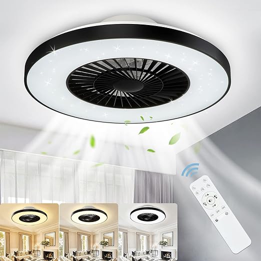 Modern Ceiling Fans with Lights, 40W LED Dimmable with Remote, 7 Invisible Blades Semi Flush Mount Ceiling Fan Light