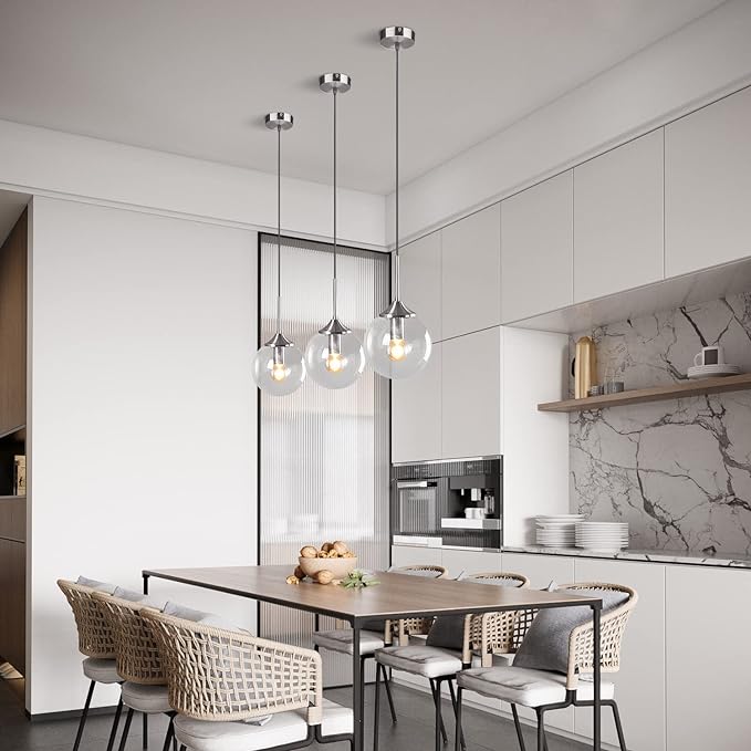 Modern Nordic Hanging Ceiling Light Fixture 1-Light Silver Pendant Light with Glass Globe Adjustable Cord Contemporary Kitchen Island Lighting for Bedroom Living Room Dining Room (Clear)