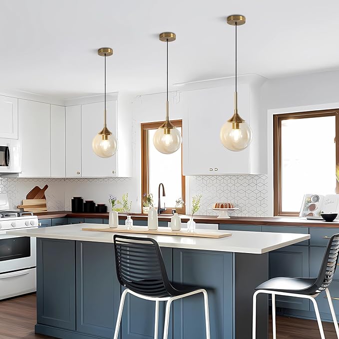 Mid Century Modern Pendant Chandelier 1-Light Gold Glass Globe Pendant Light Brushed Brass Pendant Light Large Kitchen Pendant Lighting Over Island (Amber)