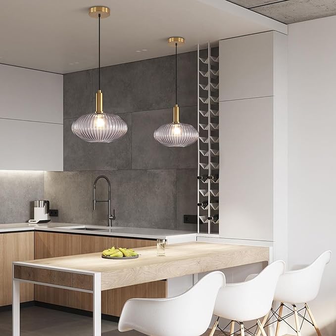 Mid Century Modern Gold Glass Pendant Lighting Smoke Grey Globe Kitchen Island Pendant Lamp Industrial Brass Gold Hanging Ceiling Light Fixture Adjustable Round Ball Pendant Light