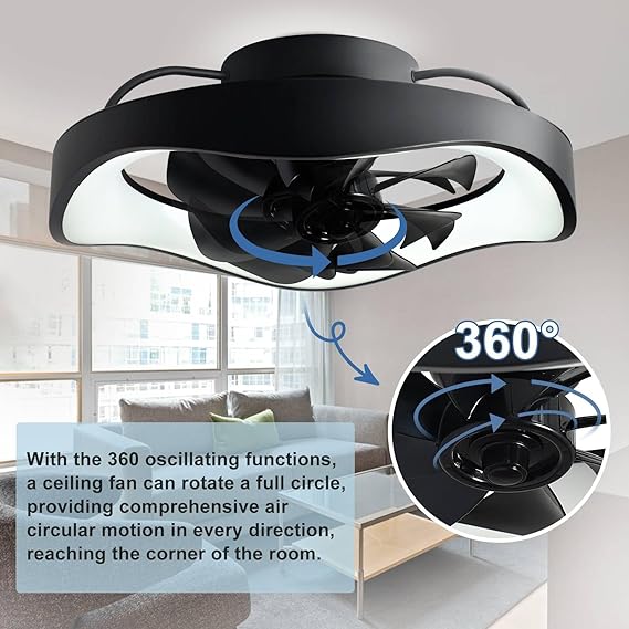 Low Profile Ceiling Fan-360-Degree Oscillating, Flush Mount Ceiling Fan with Light and Remote, Dimmable LED