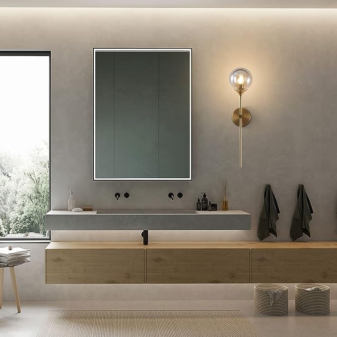 Smoke Gray Glass Globe Wall Sconce Modern Gold Long Pole Wall Lighting Mid Century Vintage Bathroom Light Fixture Sconce Brass Bar Wall Lamp (Smoke Gray)