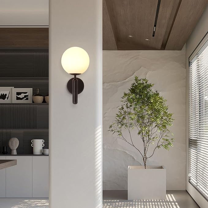 Modern Wall Sconce Golden Mid Century Industrial Matte Globe Glass Wall Light for Bedroom Vanity Light (Black)