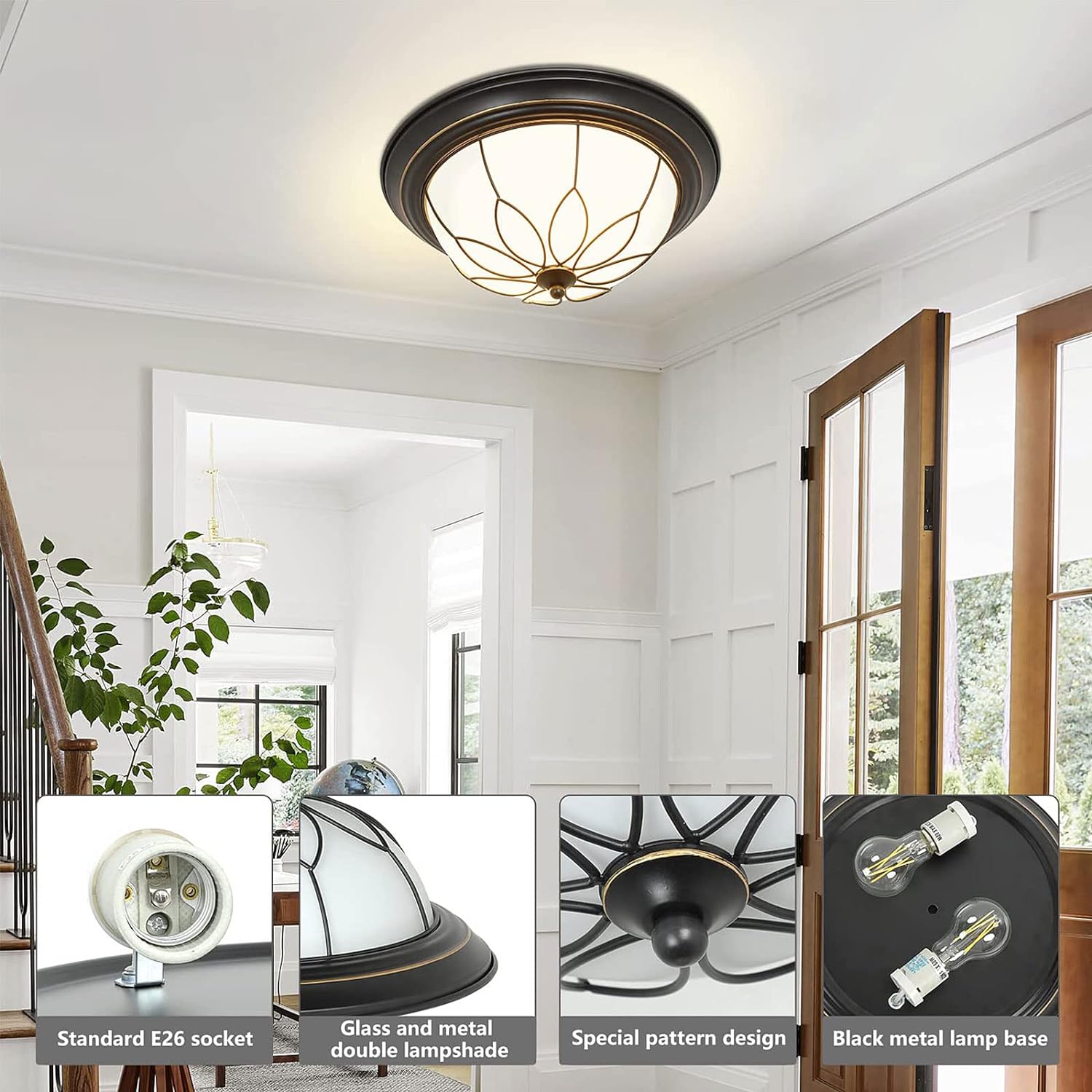 Flush Mount Ceiling Light, 13 Inch 2-Light Farmhouse Close to Ceiling Light Fixture