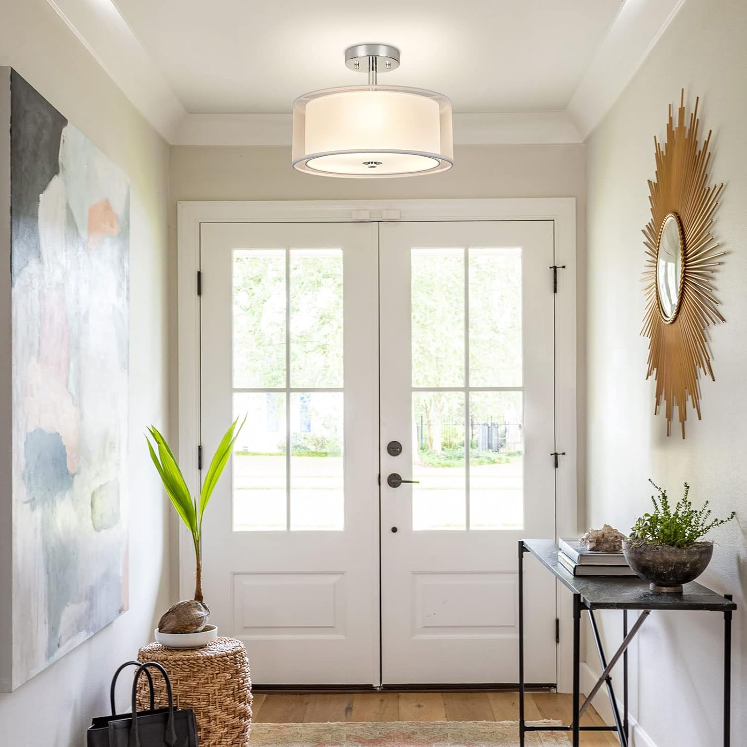3-Light Modern Semi Flush Mount Ceiling Light Fixture, 12.6’’ Drum Light with Double Fabric Shade, Brushed Chrome Close to Ceiling Lights