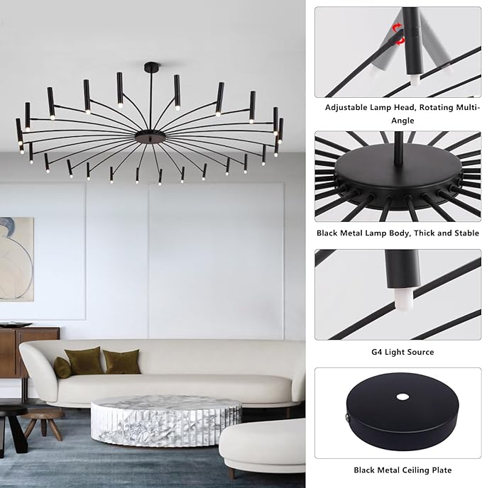 24 Lights Black Metal Sputnik Chandelier Mid Century Modern Flush Mount Ceiling Light Fixture Farmhouse Vintage Kitchen Island Sputnik Chandelier Lighting (24-Light)