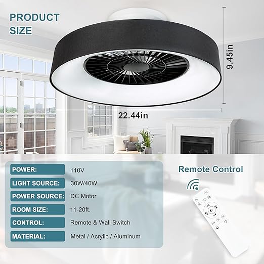 Modern Flush Mount Ceiling Fan with Lights- 22.5'' Dimmable Low Profile Indoor Ceiling Fans with Remote Control, Smart 3 Light Color Change