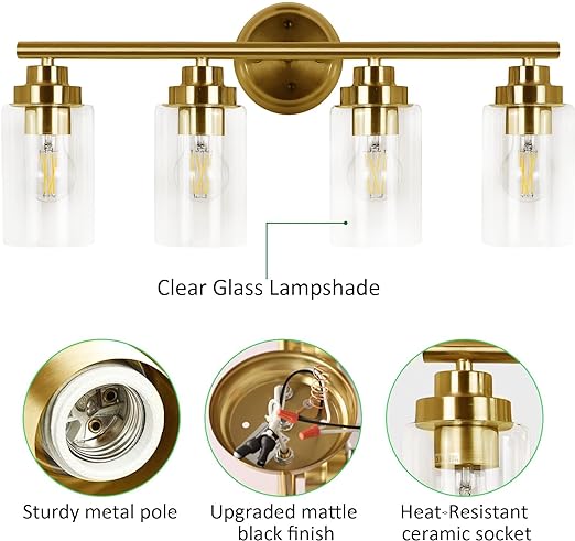 Bathroom Light Fixtures, Gold 4-Light Vanity Light with Clear Glass Shade, Bath Wall Sconces Lighting for Power Room, Mirror