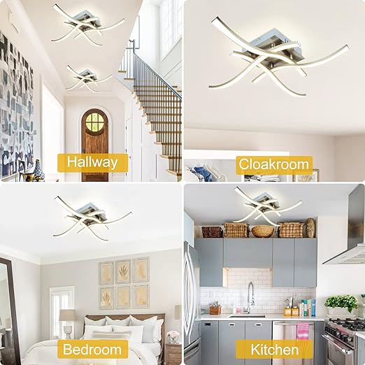4-Light Modern LED Ceiling Light, 18W Curved Design Ceiling Lamp Fixture Brushed Nickel, 3000K 1650LM Flush Mount