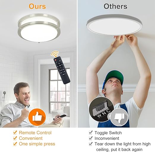 24W Modern LED Flush Mount Ceiling Light with Remote, 10 Inch Dimmable Nickel Round Ceiling Lighting Fixture