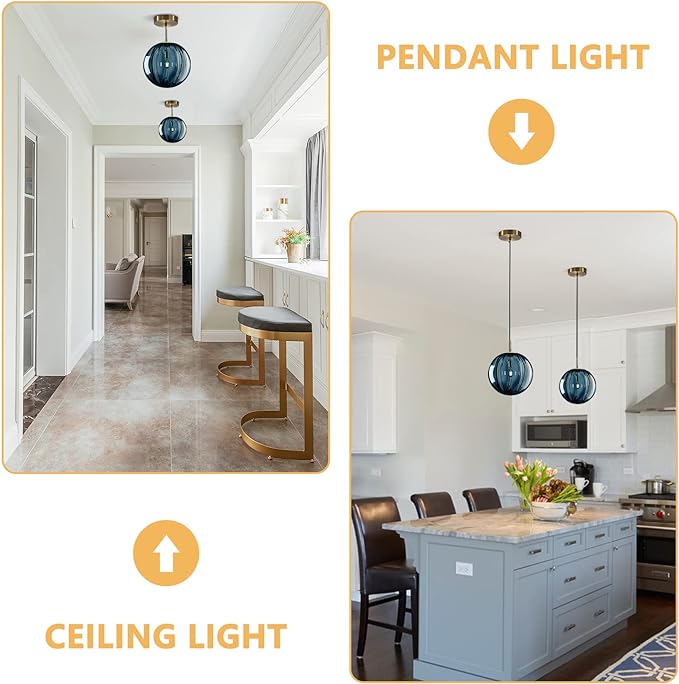 Modern 1-Light Globe Pendant Light Blue Glass Pendant Lights Kitchen Island Single Striped Glass Pendant Light Contemporary Mini Gold Hanging Light Fixture (Blue-7.9”)