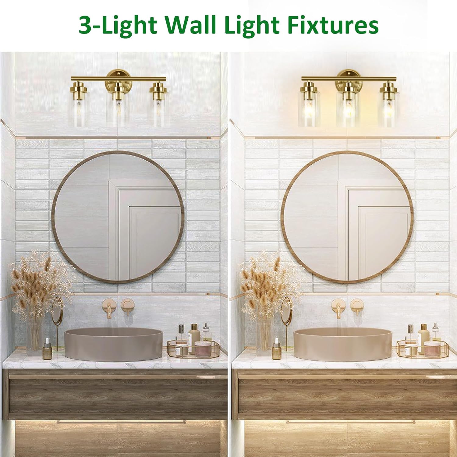 Bathroom Vanity Light Fixture, 3-Light Wall Light with Clear Glass Shade