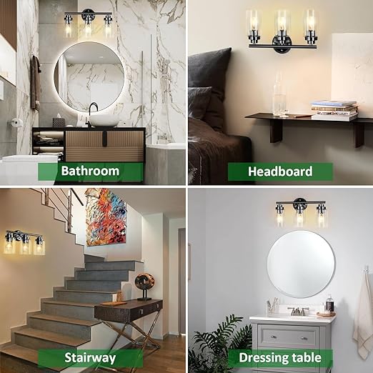 3-Light Wall Light, Bathroom Vanity Light Fixture with Clear Glass Shade, Black Wall Sconces Lighting