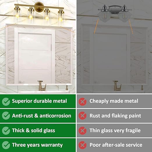 Bathroom Light Fixtures, Gold 4-Light Vanity Light with Clear Glass Shade, Bath Wall Sconces Lighting for Power Room, Mirror