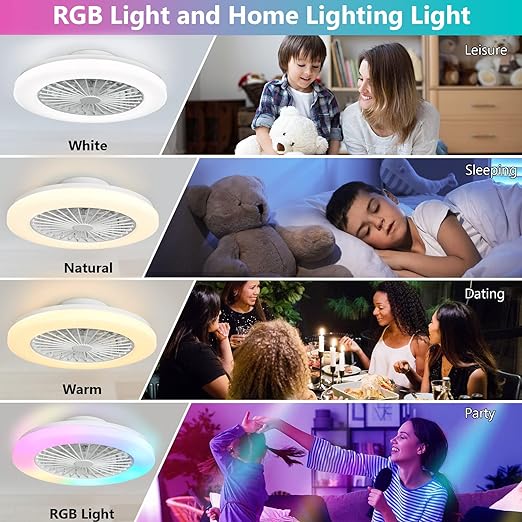 Low Profile Ceiling Fan with Light Smart Bladeless Ceiling Fans with RGB Lights Changing LED 3 Wind Speeds Festival Ambient Flush Mount Fan Light