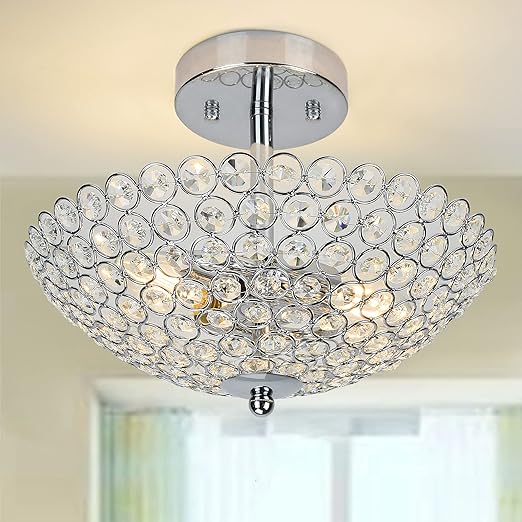 Modern Crystal Ceiling Light, 2-Light Crystal Chandelier Lighting Fixture, Semi Flush Mount