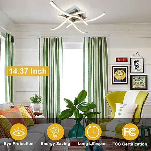 4-Light Modern LED Ceiling Light, 18W Curved Design Ceiling Lamp Fixture Brushed Nickel, 3000K 1650LM Flush Mount