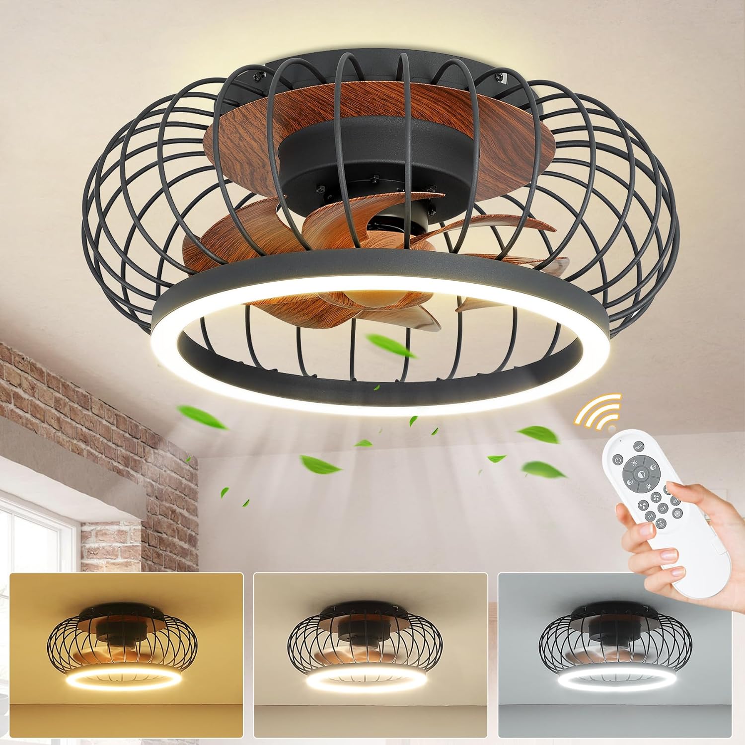 Cage Ceiling Fan with Lights Remote Control, 17”Small Industrial Bladeless Fan Light with 3 Speed, Smart 18W LED Dimmable Lighting