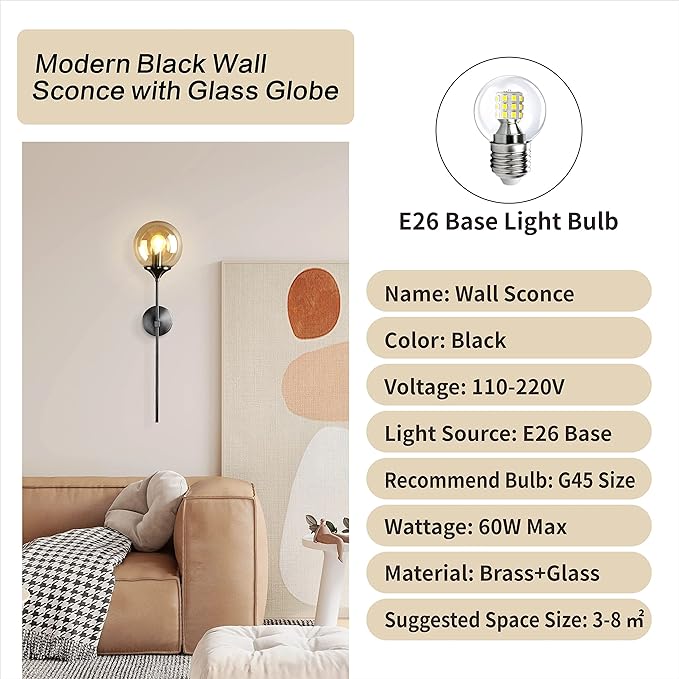 Amber Glass Globe Wall Sconce Black Slim Long Arm Wall Lamp Mid Century Modern Wall Mounted Reading Light for Bedside Stairs Bathroom Mirror