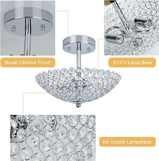 Modern Crystal Ceiling Light, 2-Light Crystal Chandelier Lighting Fixture, Semi Flush Mount