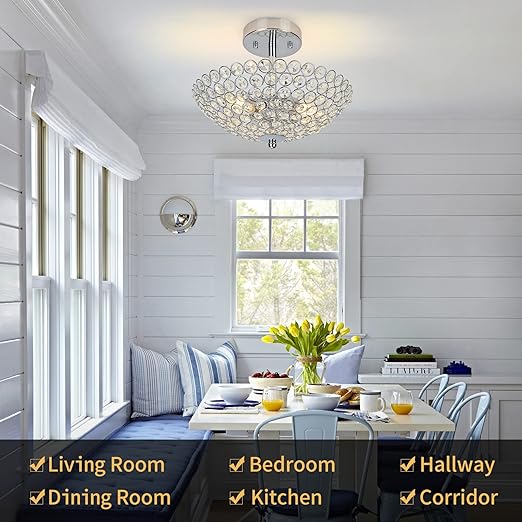 Modern Crystal Ceiling Light, 2-Light Crystal Chandelier Lighting Fixture, Semi Flush Mount