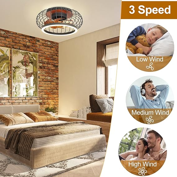 Cage Ceiling Fan with Lights Remote Control, 17”Small Industrial Bladeless Fan Light with 3 Speed, Smart 18W LED Dimmable Lighting
