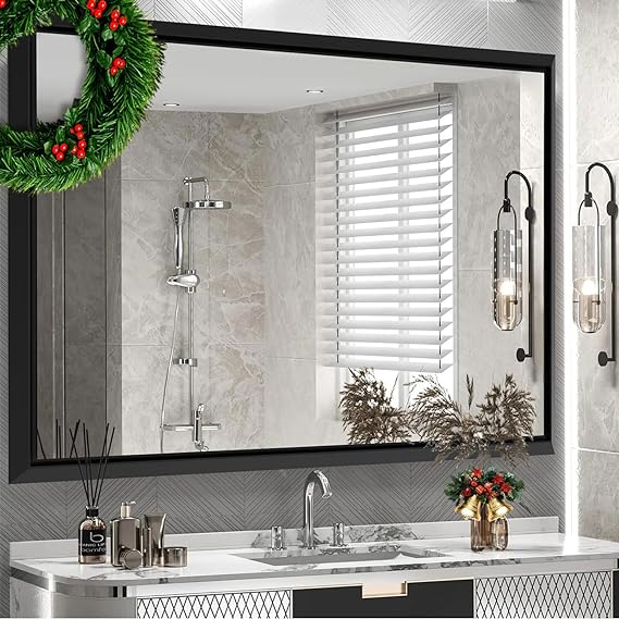 40 x 30 Inch Bathroom Mirrors for Vanity, Black Wall Mirror for Bathroom in Rectangular Aluminum Alloy Metal Frame