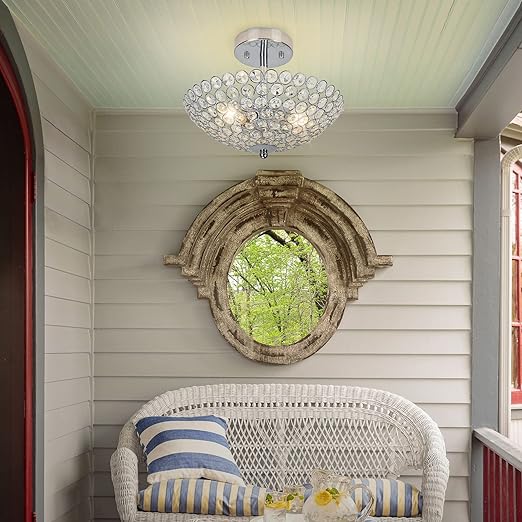 Modern Crystal Ceiling Light, 2-Light Crystal Chandelier Lighting Fixture, Semi Flush Mount