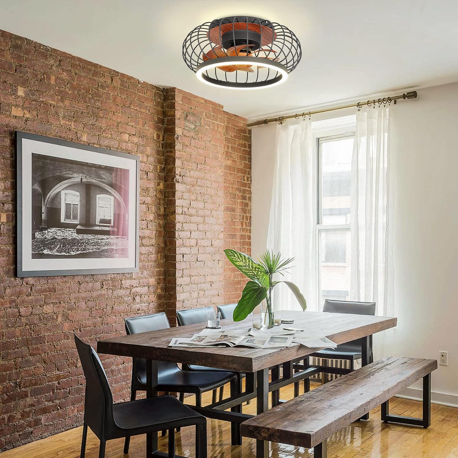 Cage Ceiling Fan with Lights Remote Control, 17”Small Industrial Bladeless Fan Light with 3 Speed, Smart 18W LED Dimmable Lighting