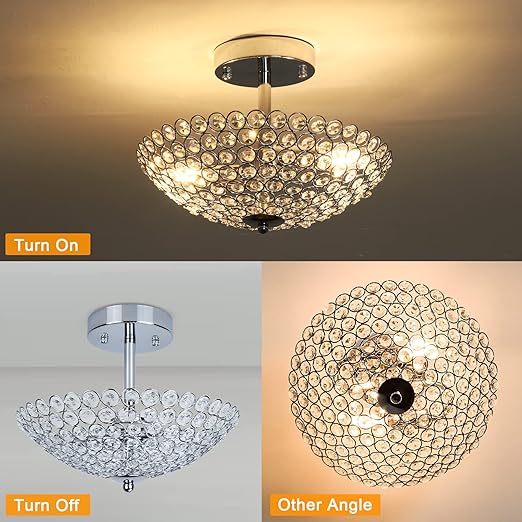 Modern Crystal Ceiling Light, 2-Light Crystal Chandelier Lighting Fixture, Semi Flush Mount