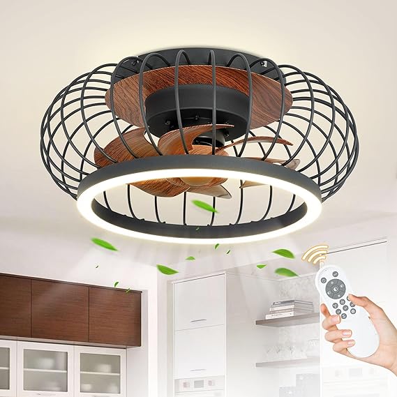 Cage Ceiling Fan with Lights Remote Control, 17”Small Industrial Bladeless Fan Light with 3 Speed, Smart 18W LED Dimmable Lighting