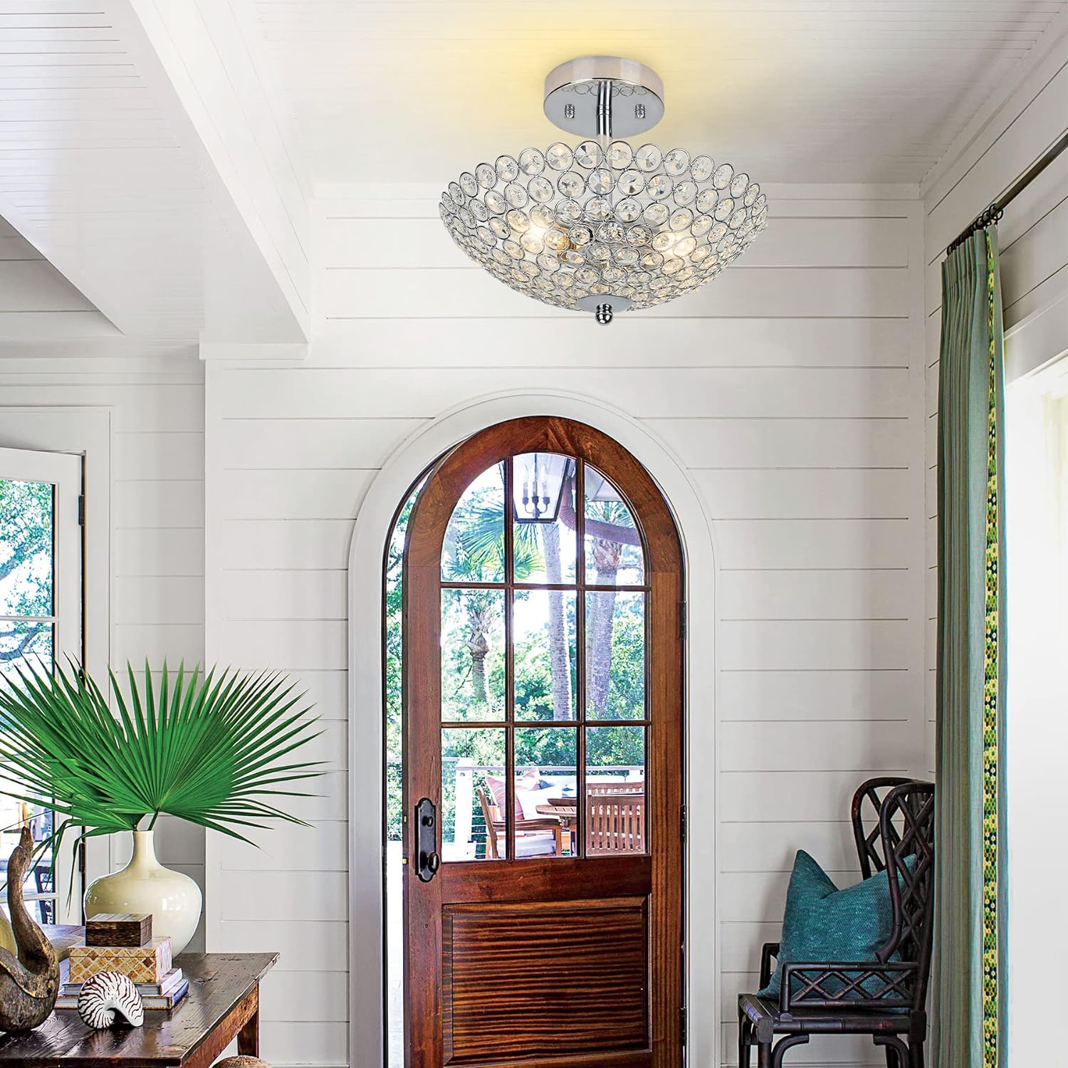 Modern Crystal Ceiling Light, 2-Light Crystal Chandelier Lighting Fixture, Semi Flush Mount