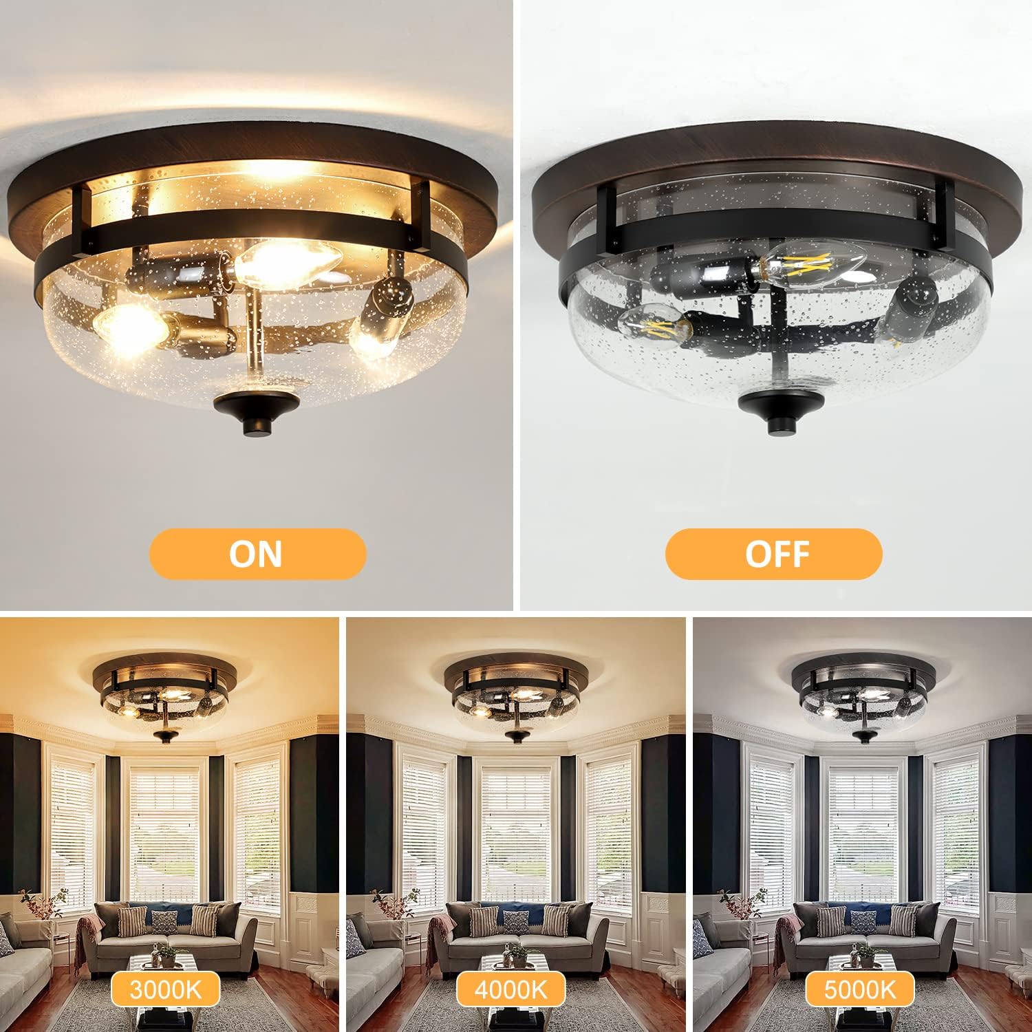 3-Light Flush Mount Ceiling Light, 15 Inch Industrial Close to Ceiling Light Fixture, Farmhouse Ceiling Lighting
