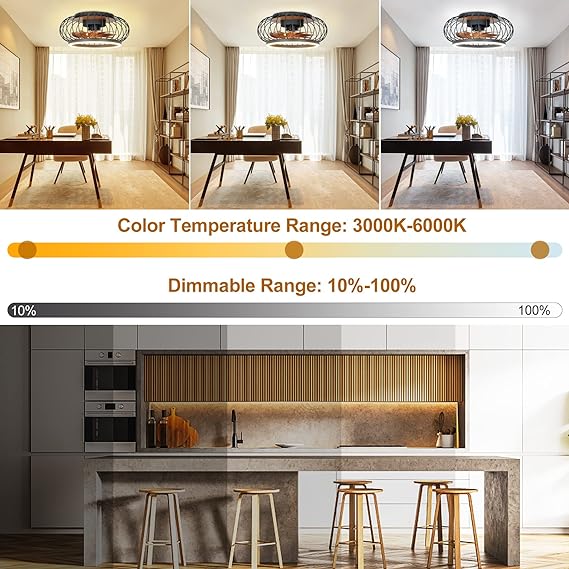 Cage Ceiling Fan with Lights Remote Control, 17”Small Industrial Bladeless Fan Light with 3 Speed, Smart 18W LED Dimmable Lighting