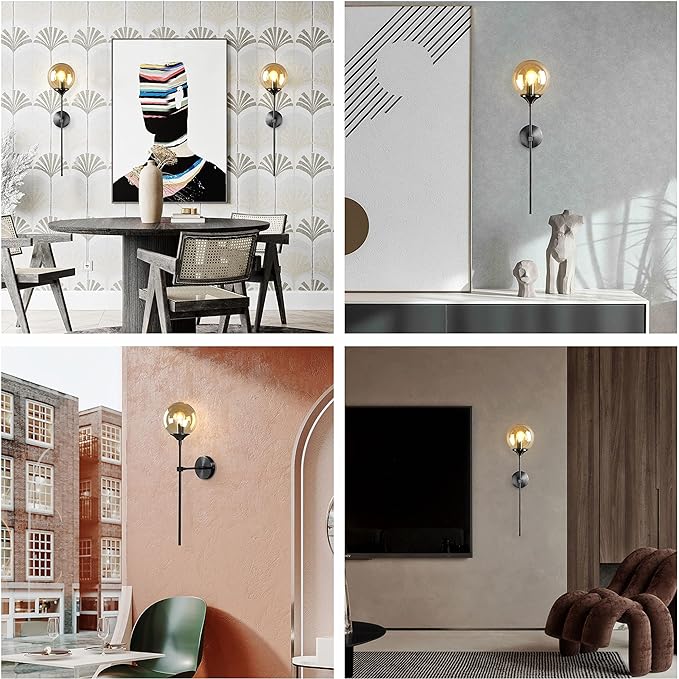 Amber Glass Globe Wall Sconce Black Slim Long Arm Wall Lamp Mid Century Modern Wall Mounted Reading Light for Bedside Stairs Bathroom Mirror