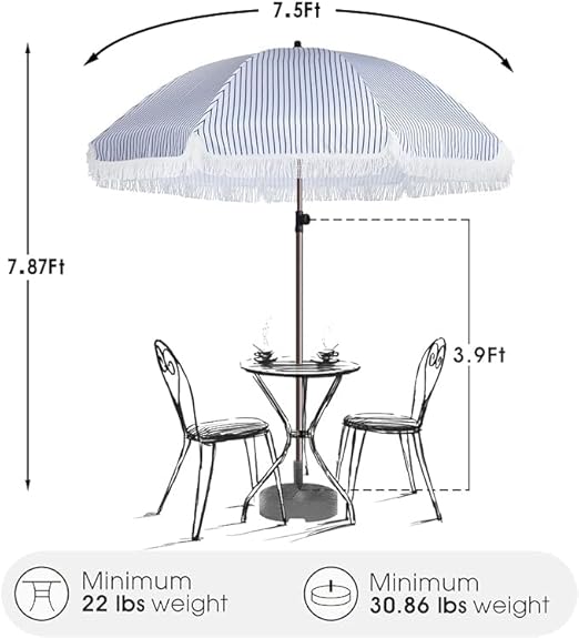 7.5Ft Patio Beach Umbrella with Fringe & Tassel, UPF50+ Push Button Tilt & Crank