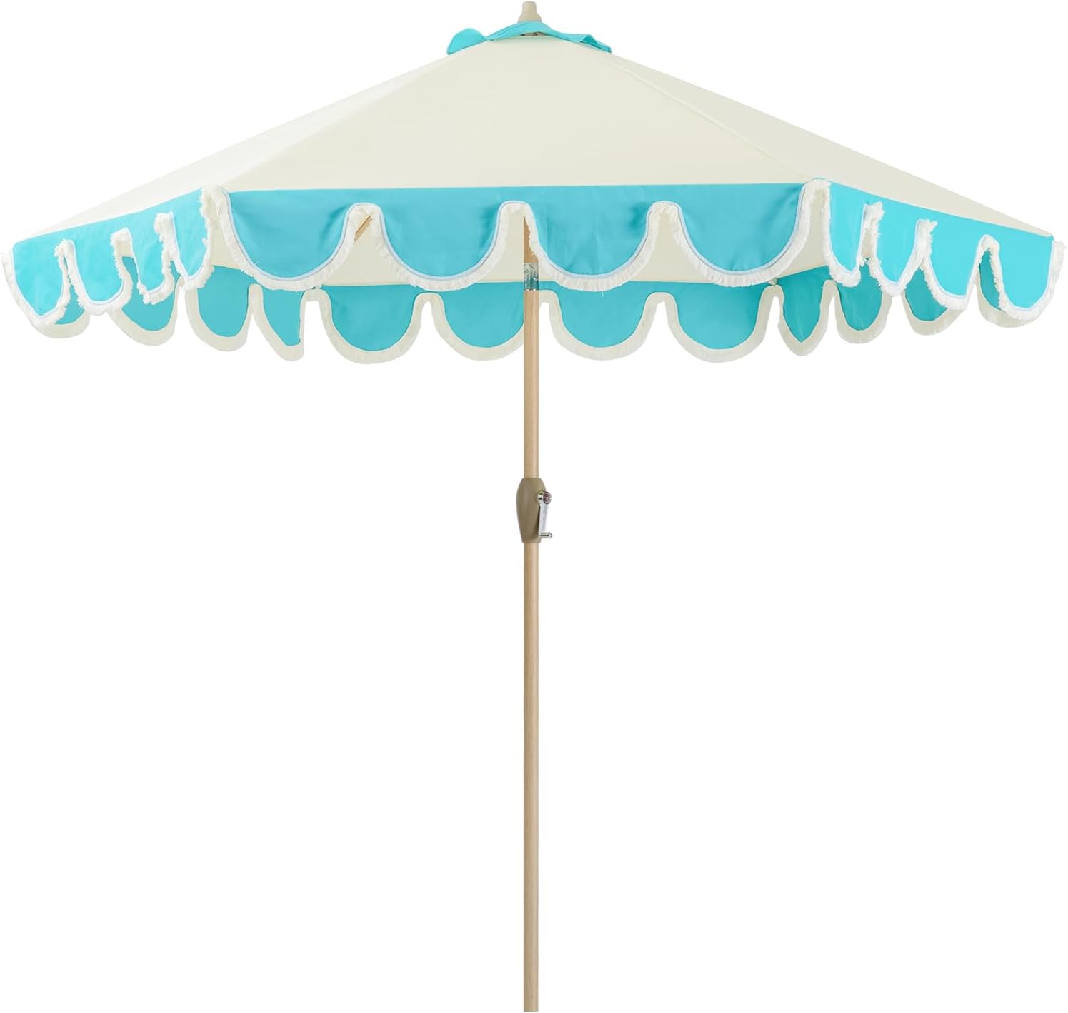 9ft Scalloped Beige Spliced Blue Patio Umbrellas with Fringe