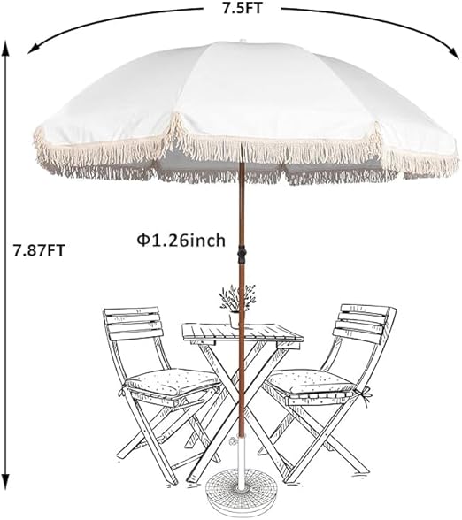7.5Ft Patio Beach Umbrella with Fringe & Tassel, UPF50+ Push Button Tilt & Crank
