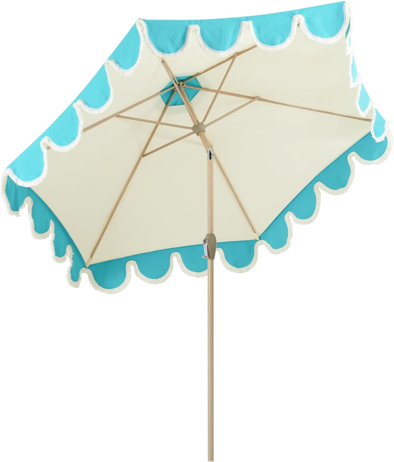 9ft Scalloped Beige Spliced Blue Patio Umbrellas with Fringe