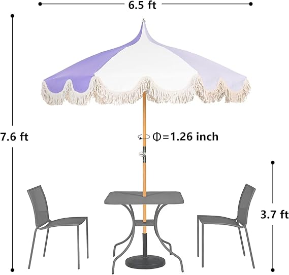 6.5ft Pagoda Beach Umbrella with Fringe, UPF 50+ Boho Umbrellas with Carry Bag