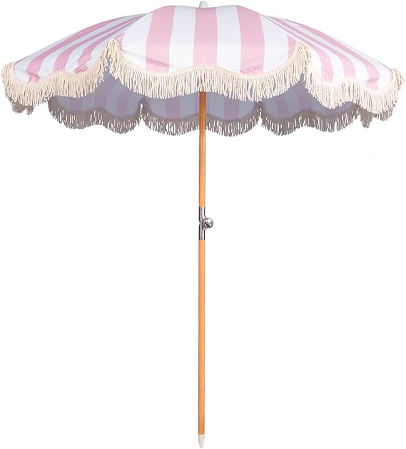 6.5ft Boho Beach Umbrella with Fringe, UPF 50+ Tassel Umbrellas with Carry Bag, Premium Wood Pole Foldable Patio Umbrella