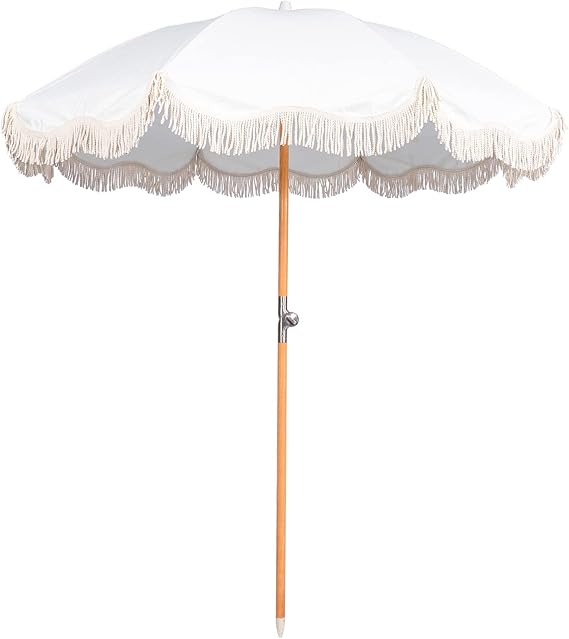 6.5ft Boho Beach Umbrella with Fringe, UPF 50+ Tassel Umbrellas with Carry Bag, Premium Wood Pole Foldable Patio Umbrella